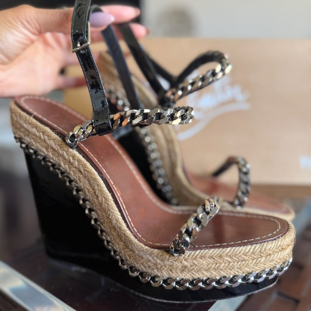 Christian Louboutin Macarena 120 Chain Espadrille Wedge Sandals Black - Size 39